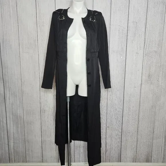 Vieste Jacket Dress, Black Maxi Length Coat with Shoulder Bow Accents, sz 42 - Picture 3 of 9